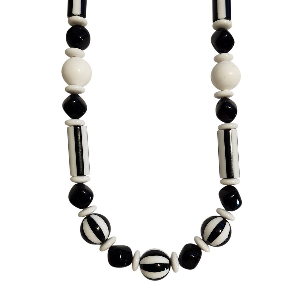 Beaded Black White and Striped Chunky Necklace Classic 1980s Retro 27”